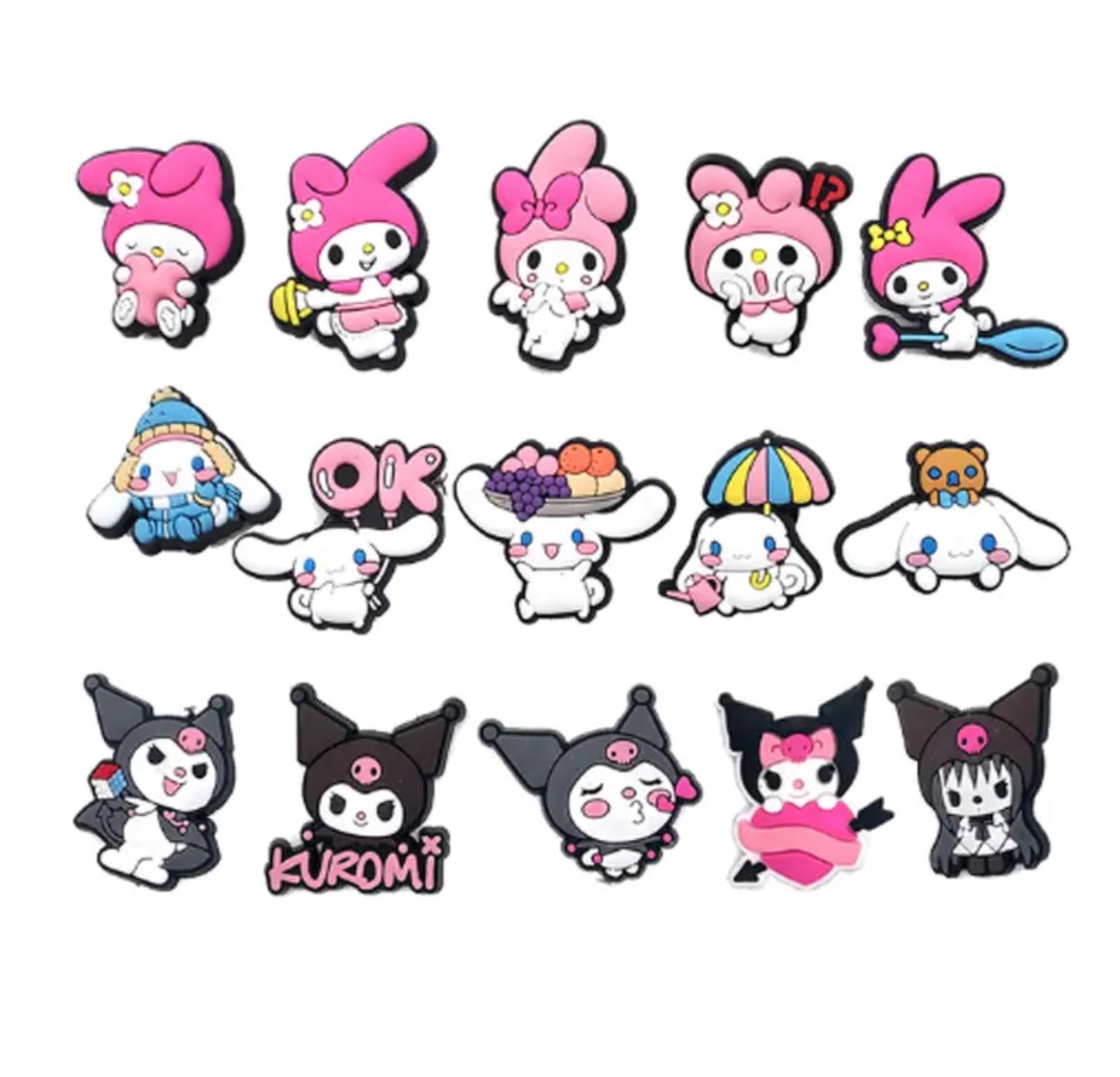 SAN 15PCS CROC CHARMS - MY MELODY, CINNAMAROLL AND KUROMI SET